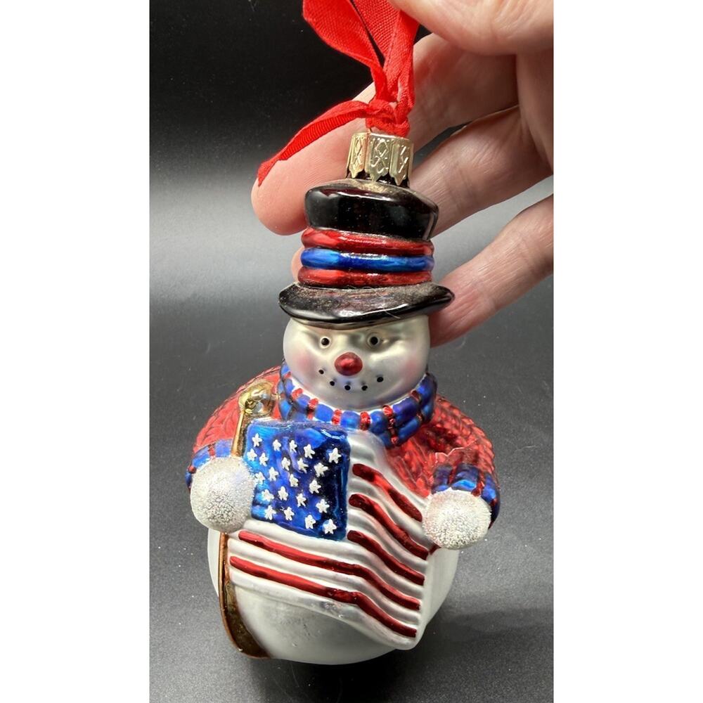 Christmas glass ornament snowman USA Patriotic flag 18555 red blue 6” -LO17